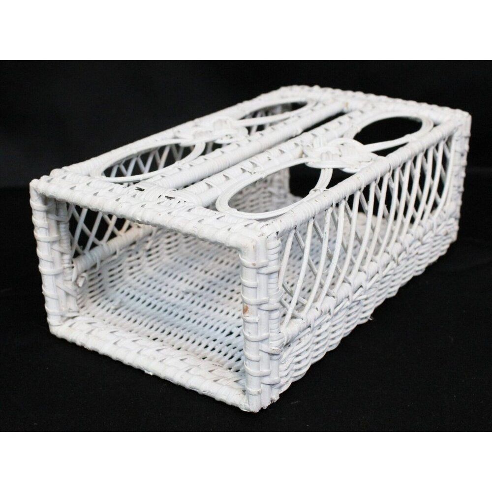 Vtg White Wicker Tissue Box Holder Kleenex Cover Woven Rattan Rectangle Boho